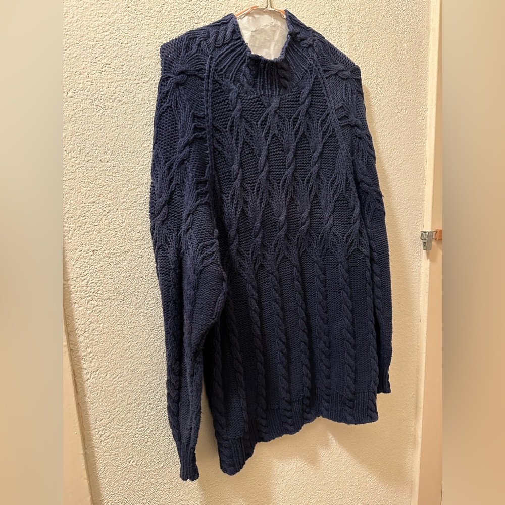 Nautica Vintage Cable Knit Sweater Women Mock Neck Navy Cotton Handknit Medium